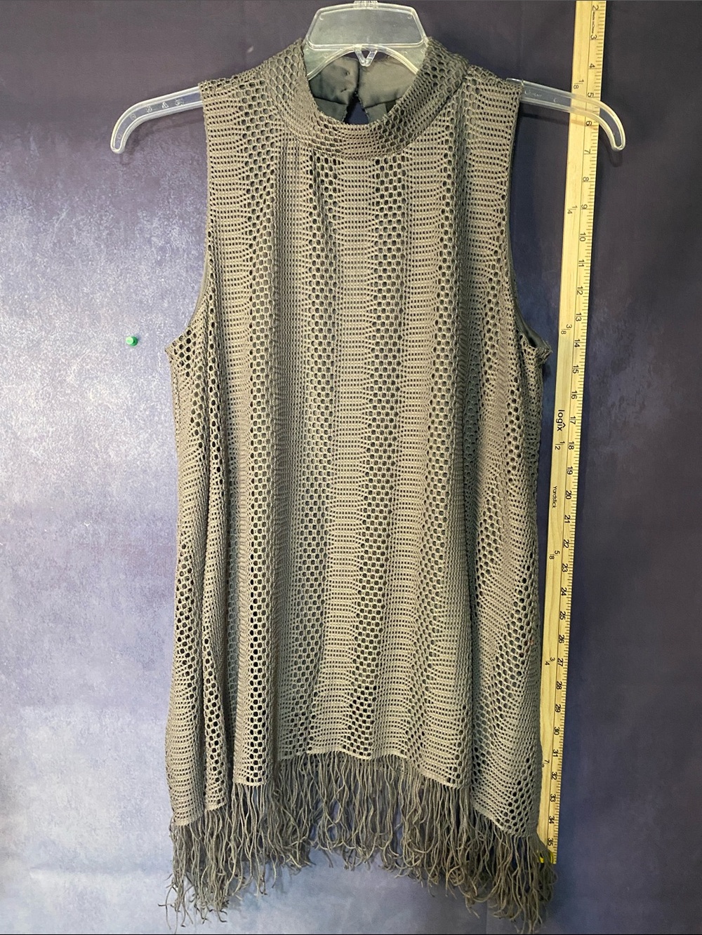 new directions Gray Crochet Fringe Mock-Neck Tank Top